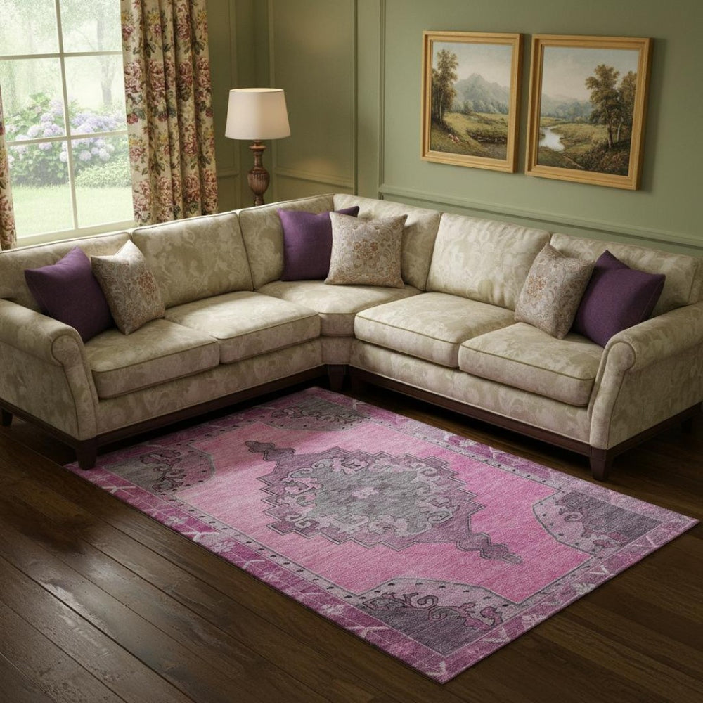 HomeRoots 9' X 12' Pink and Gray Oriental Area Rug - Stylish, Washable, UV-Protected for High Traffic Spaces 699477