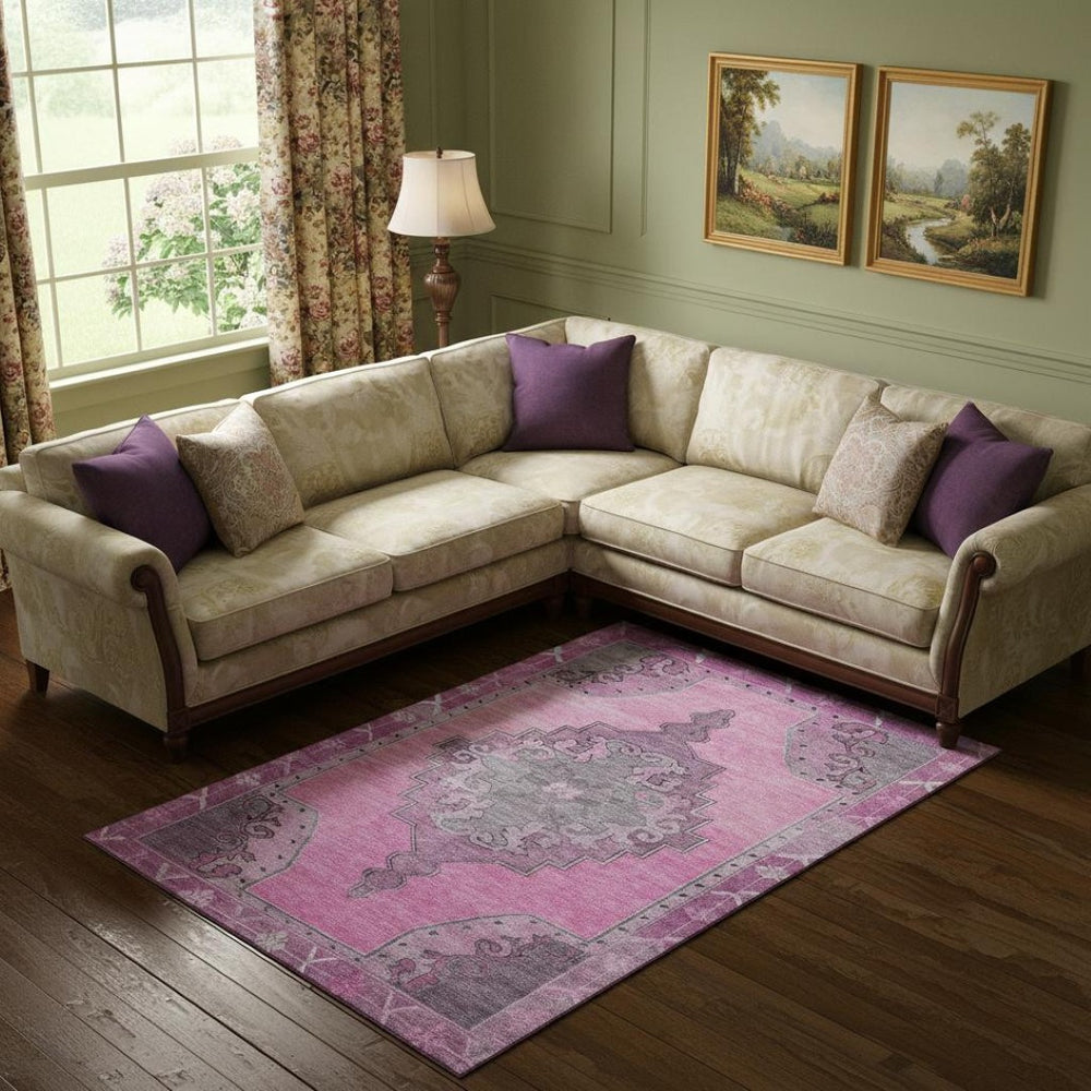 HomeRoots 10' Pink and Gray Oriental Area Rug - Washable, UV Protected, Stain-Resistant for Busy Homes 699478