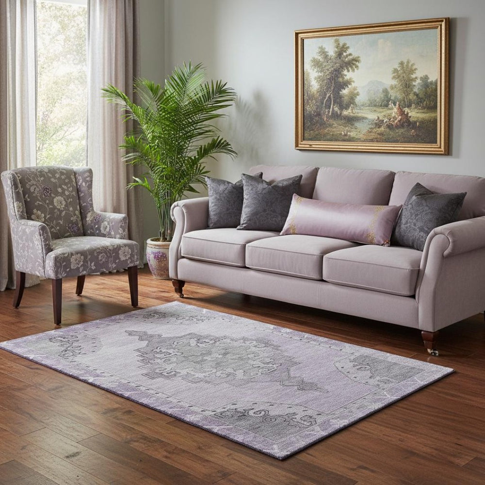 HomeRoots 5' X 8' Plum and Gray Oriental Area Rug - Washable, UV Resistant, Soft, Durable for Busy Homes 699480