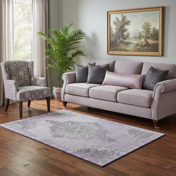 HomeRoots 5' X 8' Plum and Gray Oriental Area Rug - Washable, UV Resistant, Soft, Durable for Busy Homes 699480