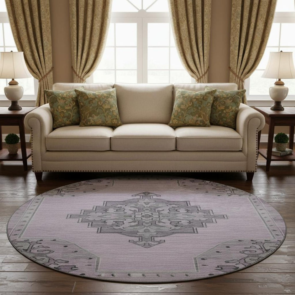 HomeRoots 8' Elegant Plum and Gray Oriental Round Rug - Washable, UV-Protected, and Stain-Resistant Design 699481