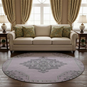 HomeRoots 8' Elegant Plum and Gray Oriental Round Rug - Washable, UV-Protected, and Stain-Resistant Design 699481