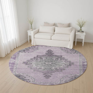 HomeRoots 8' Elegant Plum and Gray Oriental Round Rug - Washable, UV-Protected, and Stain-Resistant Design 699481