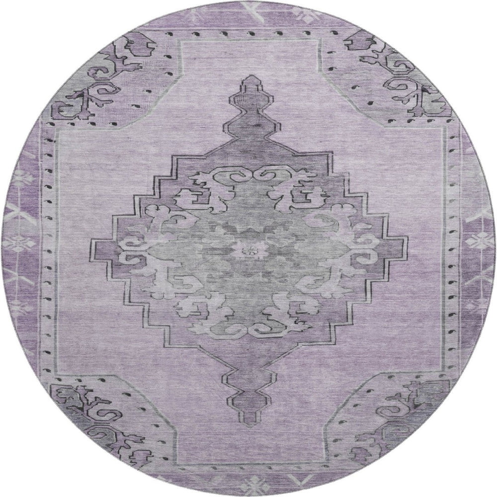 HomeRoots 8' Elegant Plum and Gray Oriental Round Rug - Washable, UV-Protected, and Stain-Resistant Design 699481