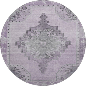 HomeRoots 8' Elegant Plum and Gray Oriental Round Rug - Washable, UV-Protected, and Stain-Resistant Design 699481