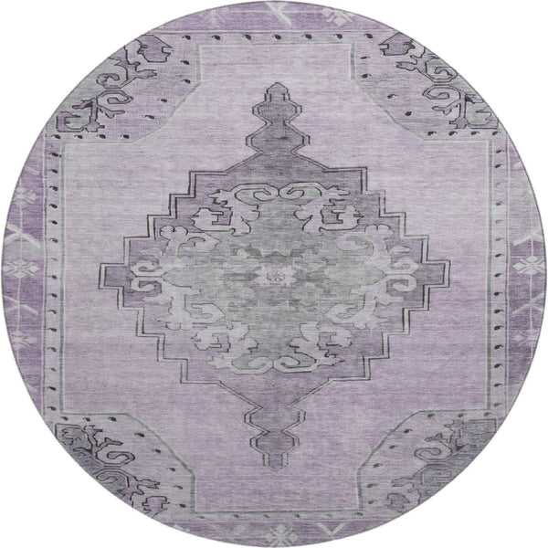 HomeRoots 8' Elegant Plum and Gray Oriental Round Rug - Washable, UV-Protected, and Stain-Resistant Design 699481