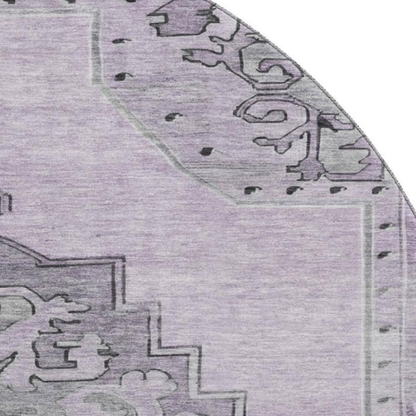 HomeRoots 8' Elegant Plum and Gray Oriental Round Rug - Washable, UV-Protected, and Stain-Resistant Design 699481