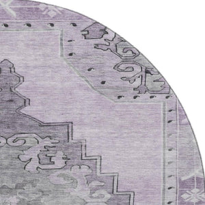 HomeRoots 8' Elegant Plum and Gray Oriental Round Rug - Washable, UV-Protected, and Stain-Resistant Design 699481