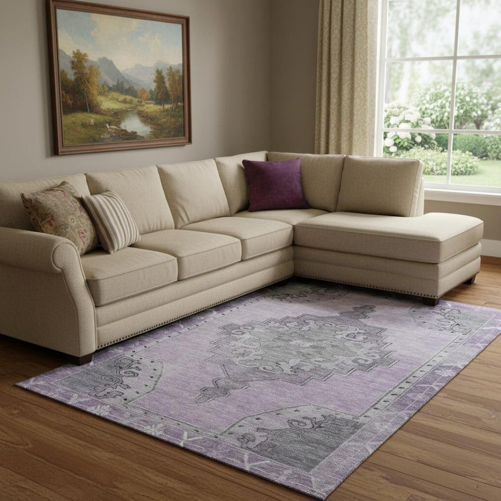 HomeRoots 8' X 10' Elegant Plum and Gray Oriental Washable Area Rug with UV Protection for High-Traffic Homes 699482