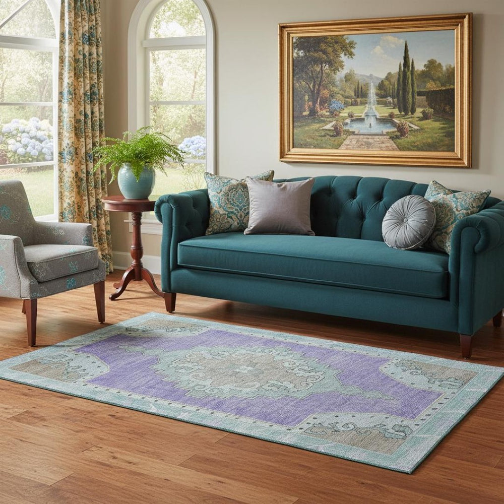 HomeRoots 5' X 8' Washable Oriental Area Rug in Purple, Teal & Taupe - UV Protected, Stain Resistant & Durable! 699486