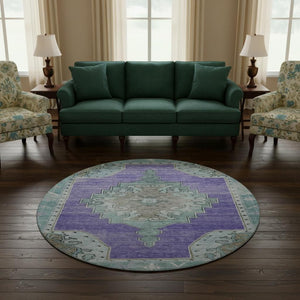 HomeRoots 8' Purple Teal and Taupe Oriental Washable Round Rug - Stylish, Durable, UV-Protected for Families 699487