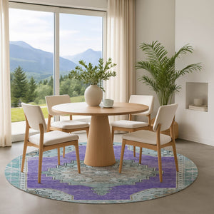HomeRoots 8' Purple Teal and Taupe Oriental Washable Round Rug - Stylish, Durable, UV-Protected for Families 699487