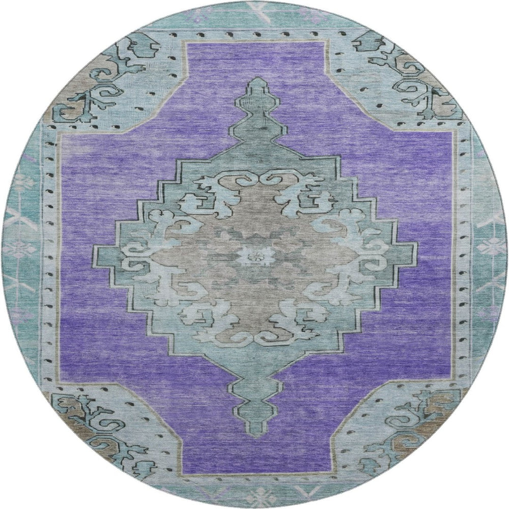 HomeRoots 8' Purple Teal and Taupe Oriental Washable Round Rug - Stylish, Durable, UV-Protected for Families 699487