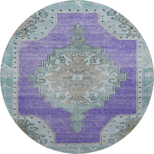 HomeRoots 8' Purple Teal and Taupe Oriental Washable Round Rug - Stylish, Durable, UV-Protected for Families 699487