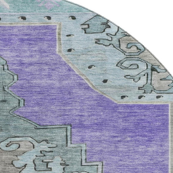 HomeRoots 8' Purple Teal and Taupe Oriental Washable Round Rug - Stylish, Durable, UV-Protected for Families 699487