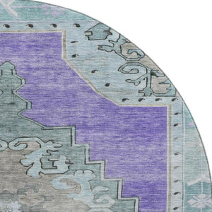 HomeRoots 8' Purple Teal and Taupe Oriental Washable Round Rug - Stylish, Durable, UV-Protected for Families 699487