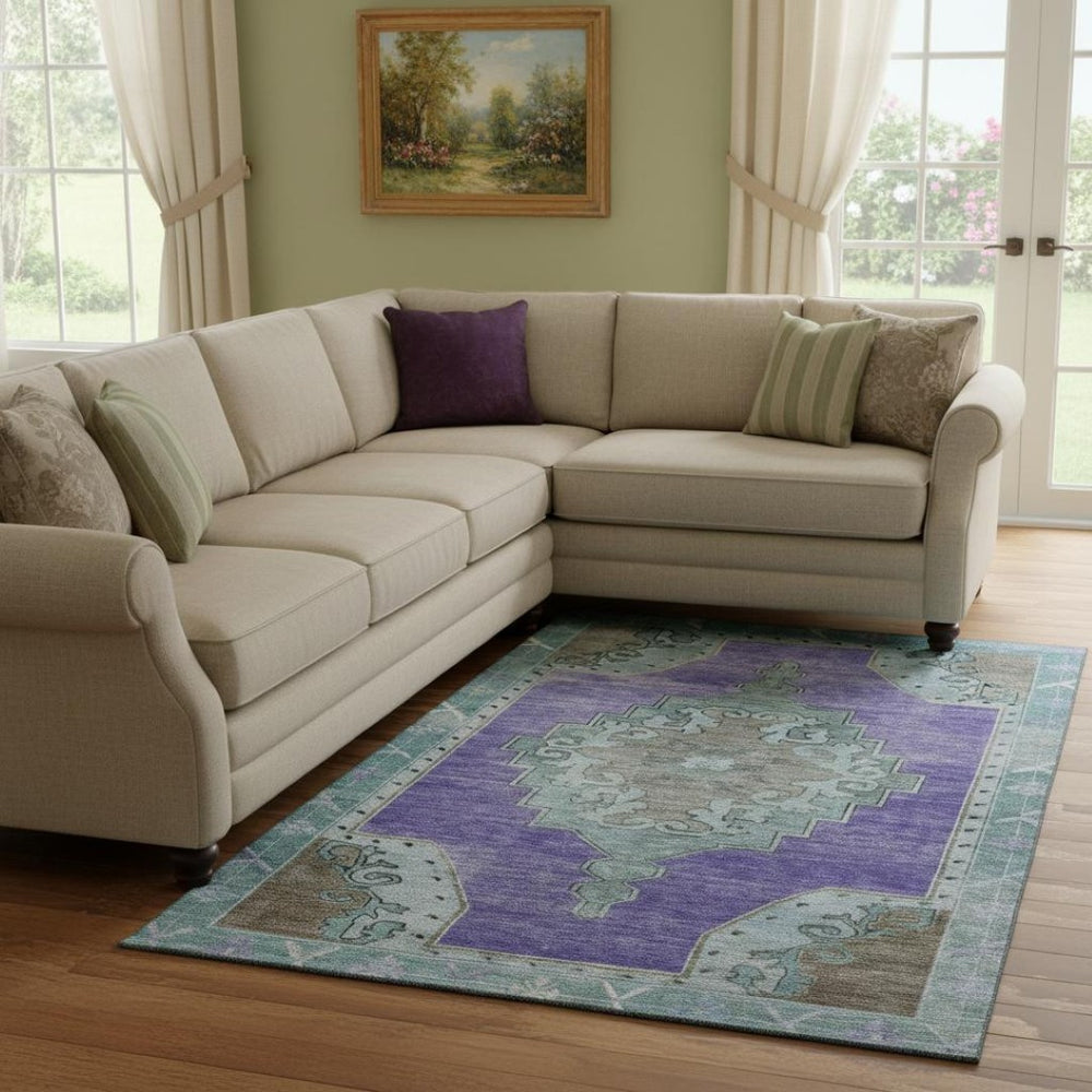 HomeRoots 8' X 10' Elegant Purple, Teal & Taupe Oriental Washable Area Rug with UV Protection & Easy Care 699488
