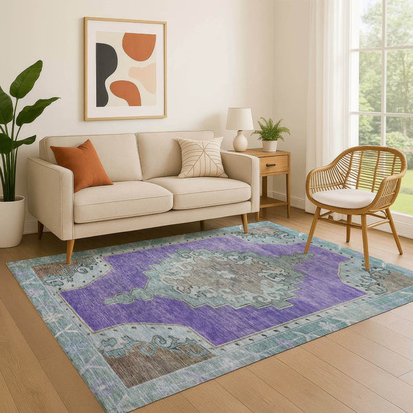 HomeRoots 8' X 10' Elegant Purple, Teal & Taupe Oriental Washable Area Rug with UV Protection & Easy Care 699488