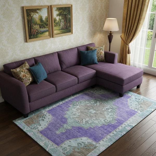 HomeRoots 9' X 12' Elegant Purple Teal Taupe Washable Area Rug with UV Protection for Family Living Spaces 699489