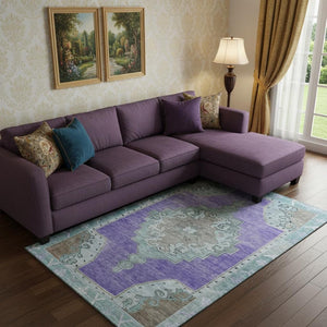 HomeRoots 10' X 14' Vibrant Purple Teal Taupe Oriental Rug - Durable, Washable, UV Protected for Families! 699490