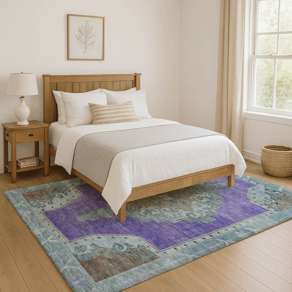 HomeRoots 10' X 14' Vibrant Purple Teal Taupe Oriental Rug - Durable, Washable, UV Protected for Families! 699490