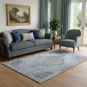 HomeRoots 5' X 8' Sky Blue and Gray Oriental Area Rug - Washable, UV-Protected, Stain-Resistant Elegance for Homes 699492