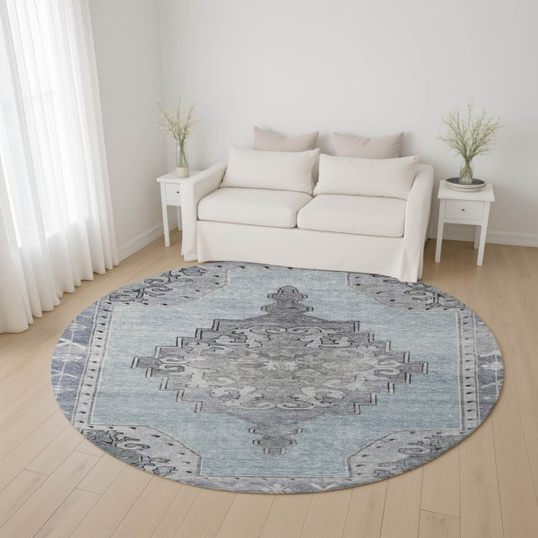 HomeRoots 8' Sky Blue and Gray Oriental Round Rug – Washable, UV Protected, Durable & Stain Resistant Design! 699493