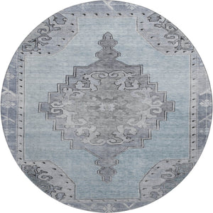 HomeRoots 8' Sky Blue and Gray Oriental Round Rug – Washable, UV Protected, Durable & Stain Resistant Design! 699493