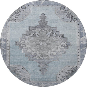 HomeRoots 8' Sky Blue and Gray Oriental Round Rug – Washable, UV Protected, Durable & Stain Resistant Design! 699493