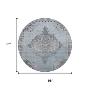 HomeRoots 8' Sky Blue and Gray Oriental Round Rug – Washable, UV Protected, Durable & Stain Resistant Design! 699493