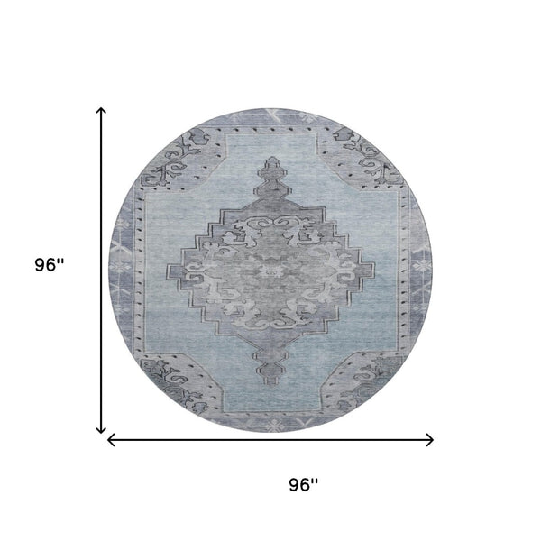 HomeRoots 8' Sky Blue and Gray Oriental Round Rug – Washable, UV Protected, Durable & Stain Resistant Design! 699493