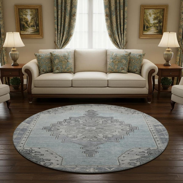 HomeRoots 8' Sky Blue and Gray Oriental Round Rug – Washable, UV Protected, Durable & Stain Resistant Design! 699493