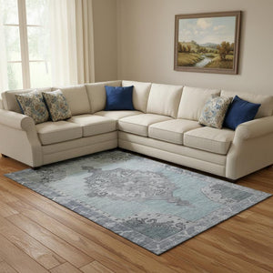 HomeRoots 8' X 10' Sky Blue & Gray Washable Oriental Area Rug with UV Protection for Family Living & Style 699494