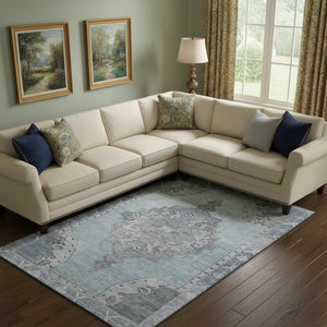 HomeRoots 9' X 12' Sky Blue & Gray Oriental Area Rug - Durable, Stain-Resistant, UV-Protected for High-Traffic Homes 699495