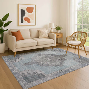 HomeRoots 9' X 12' Sky Blue & Gray Oriental Area Rug - Durable, Stain-Resistant, UV-Protected for High-Traffic Homes 699495