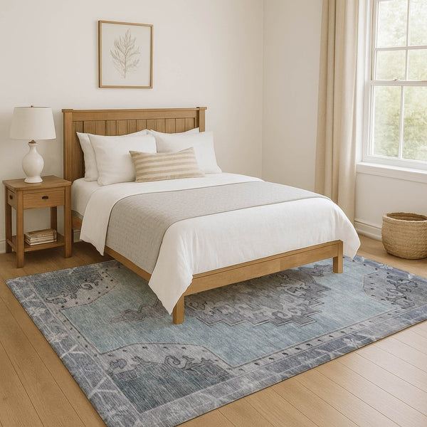 HomeRoots 9' X 12' Sky Blue & Gray Oriental Area Rug - Durable, Stain-Resistant, UV-Protected for High-Traffic Homes 699495