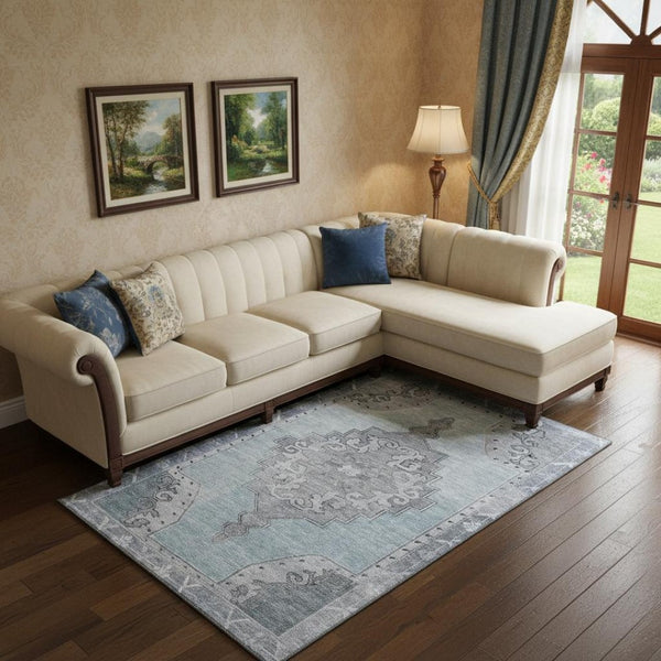 HomeRoots 10' Sky Blue & Gray Oriental Washable Area Rug - UV Protection, Durable, Stain-Resistant Design! 699496