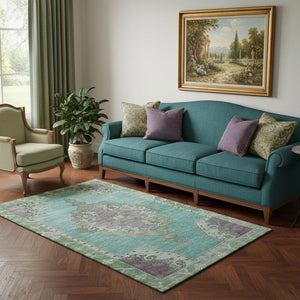 HomeRoots 5' X 8' Teal Green & Lavender Oriental Washable Area Rug - Durable, UV-Protected, Stylish Design 699498