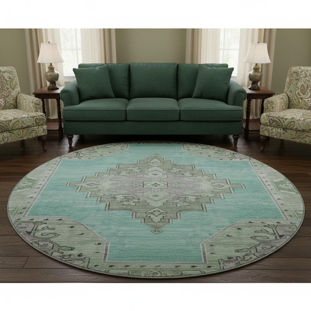 HomeRoots 8' Teal Green and Lavender Oriental Washable Round Rug with UV Protection for Kids & Pets' Safety 699499
