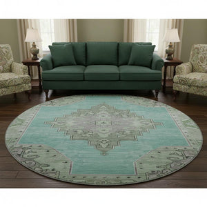 HomeRoots 8' Teal Green and Lavender Oriental Washable Round Rug with UV Protection for Kids & Pets' Safety 699499