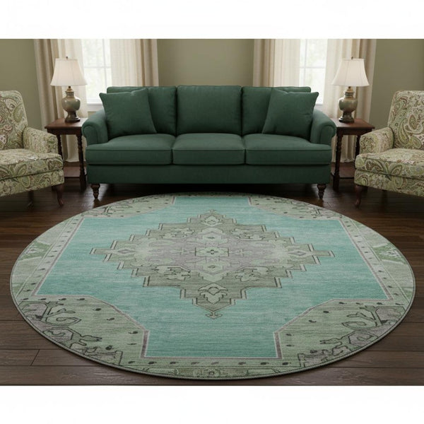 HomeRoots 8' Teal Green and Lavender Oriental Washable Round Rug with UV Protection for Kids & Pets' Safety 699499