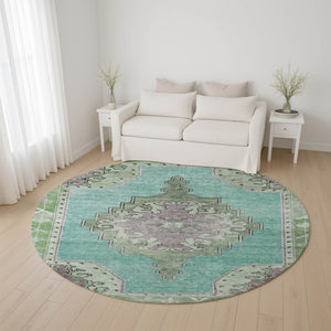 HomeRoots 8' Teal Green and Lavender Oriental Washable Round Rug with UV Protection for Kids & Pets' Safety 699499