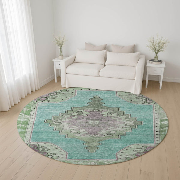 HomeRoots 8' Teal Green and Lavender Oriental Washable Round Rug with UV Protection for Kids & Pets' Safety 699499