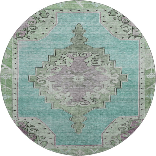 HomeRoots 8' Teal Green and Lavender Oriental Washable Round Rug with UV Protection for Kids & Pets' Safety 699499