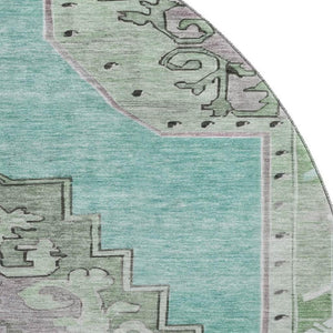 HomeRoots 8' Teal Green and Lavender Oriental Washable Round Rug with UV Protection for Kids & Pets' Safety 699499
