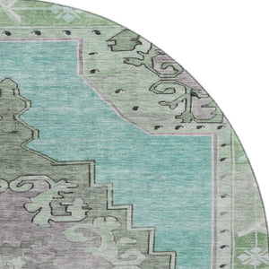 HomeRoots 8' Teal Green and Lavender Oriental Washable Round Rug with UV Protection for Kids & Pets' Safety 699499