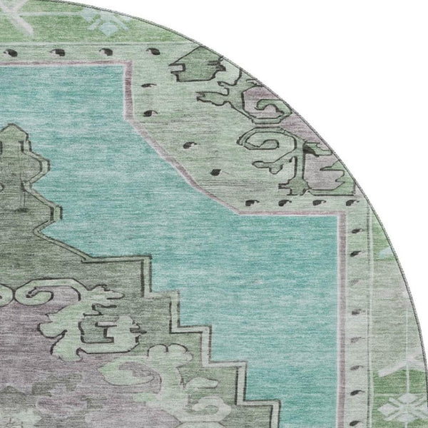 HomeRoots 8' Teal Green and Lavender Oriental Washable Round Rug with UV Protection for Kids & Pets' Safety 699499