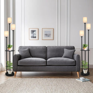 English Elm Floor Lamp With Shelves - 3-Light Industrial Design, Linen Shades & Foot Switch For Stylish Spaces W2738P185430