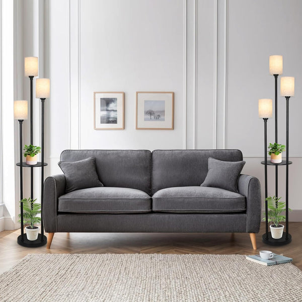 English Elm Floor Lamp With Shelves - 3-Light Industrial Design, Linen Shades & Foot Switch For Stylish Spaces W2738P185430