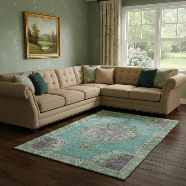 HomeRoots 8' X 10' Teal Green & Lavender Washable Oriental Rug – UV Protected, Stain Resistant, Durable Design! 699500